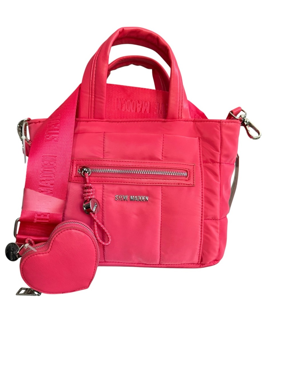 Steve Madden Bright Pink Quilted Shoulder Tote with Heart Coin Pouch